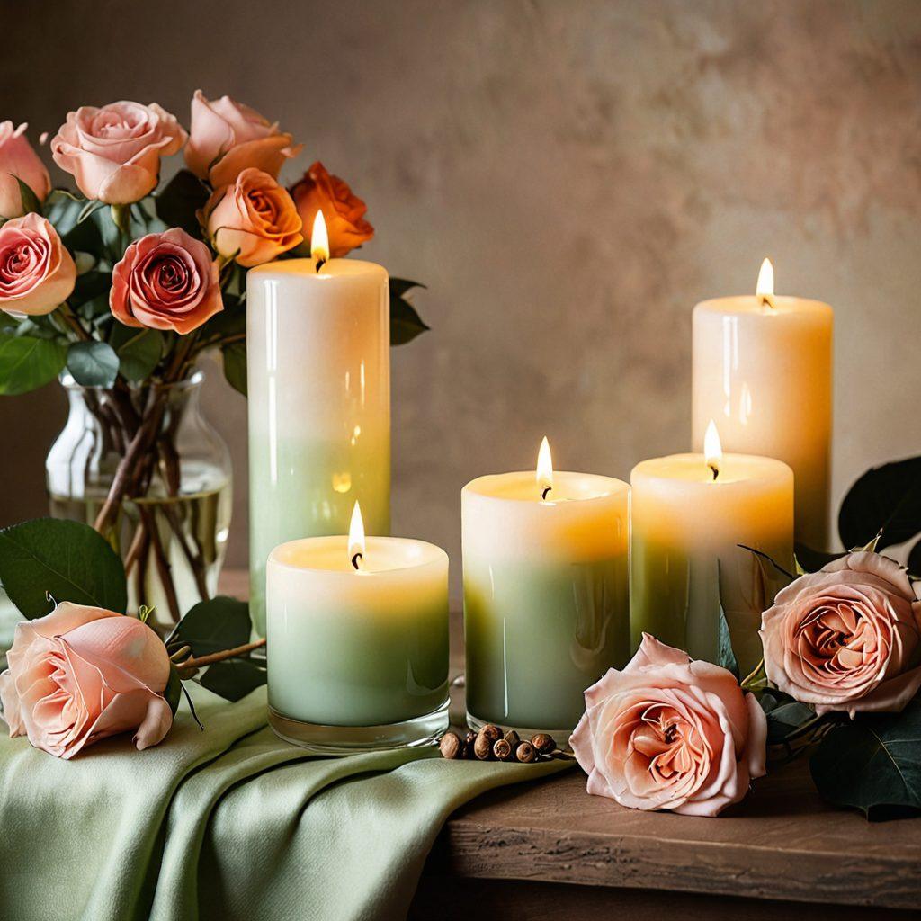 A beautifully arranged display of various sensual wellness and intimacy products, such as candles, oils, and luxurious fabrics, all set against a soft, ambient background glimmering with gentle lights. Incorporate a pair of intertwined hands symbolizing connection and intimacy, along with a rose and subtle hints of nature. The color palette should be warm and inviting, evoking feelings of passion and comfort. super-realistic. vibrant colors. soft focus.