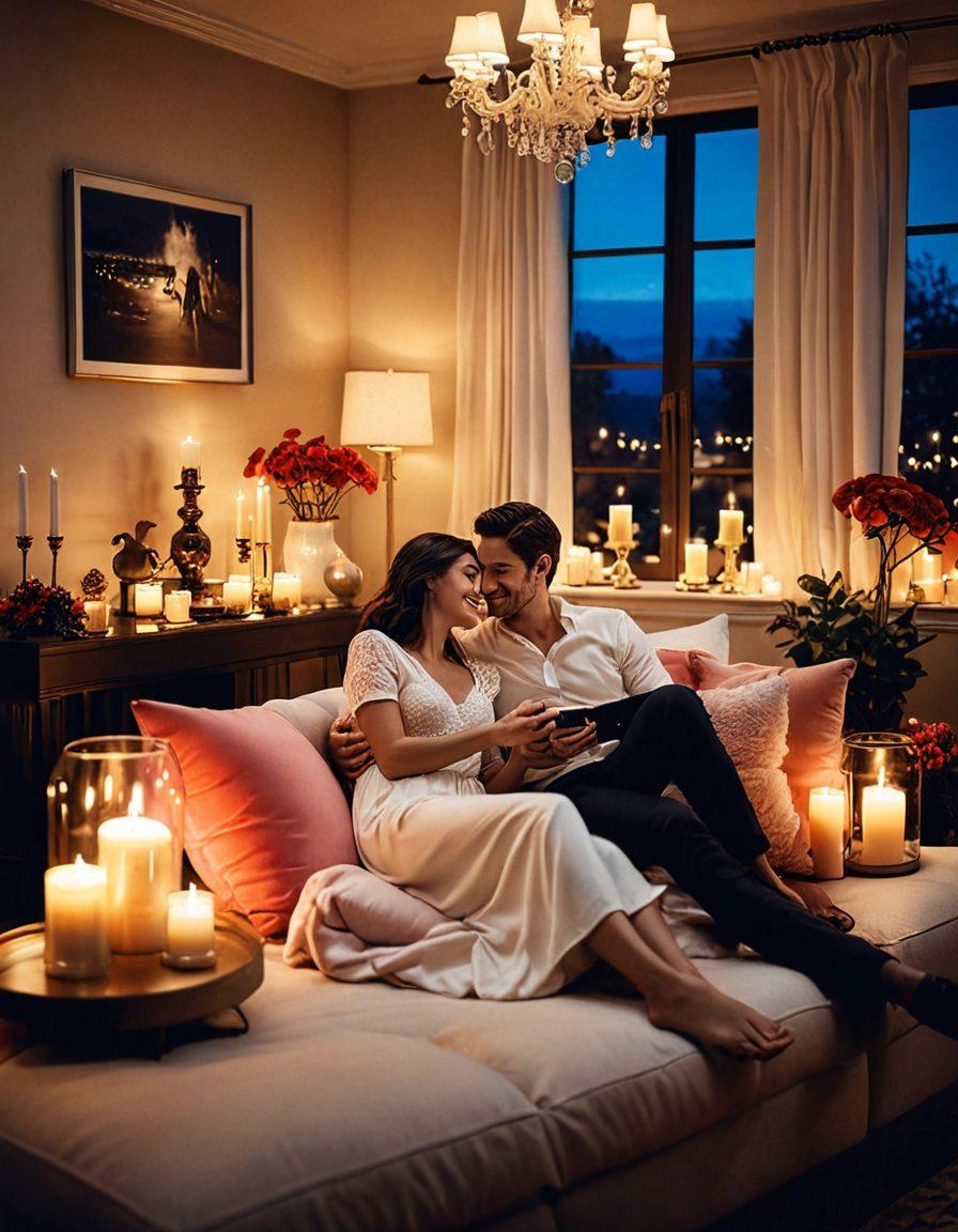 A cozy, intimate setting featuring a couple exploring a beautifully arranged display of adult merchandise, including elegant toys and luxurious accessories, softly lit by warm lights. The couple is engaged in laughter, showcasing intimacy and connection, with hints of playful curiosity in their expressions. Surround them with soft cushions and candles to create a romantic atmosphere. The colors should be rich and inviting, creating a sense of exploration and excitement. super-realistic. warm colors. soft focus.