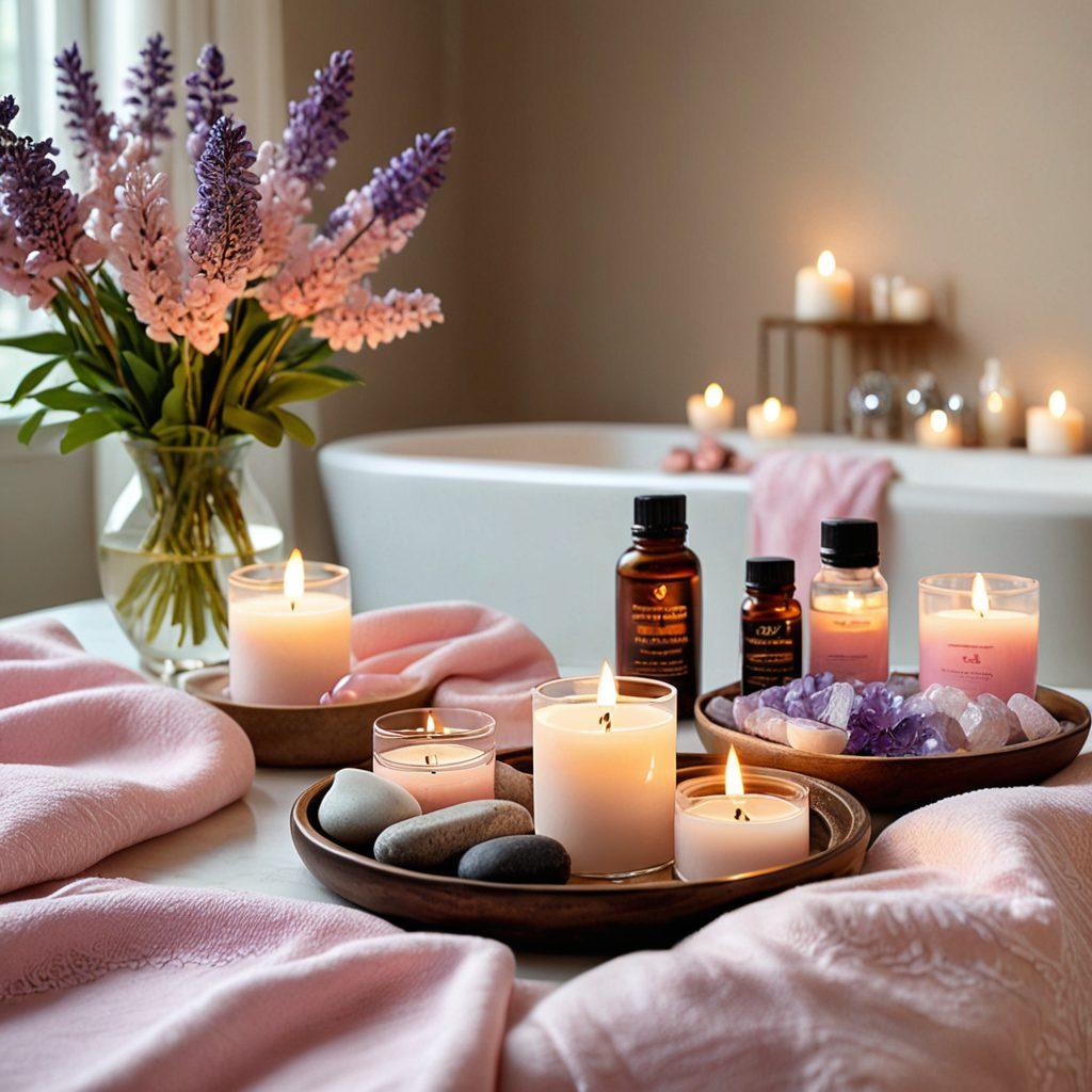 A serene and inviting spa-like setting featuring an arrangement of essential sensual products, including essential oils, luxurious candles, and soft fabrics. Incorporate calming colors like soft pinks and lavenders, alongside delicate floral elements and warm, ambient lighting that creates a cozy atmosphere. A touch of elegance with natural stones or crystals can enhance the intimacy of the scene, inviting relaxation and self-care. super-realistic. vibrant colors. soft lighting.